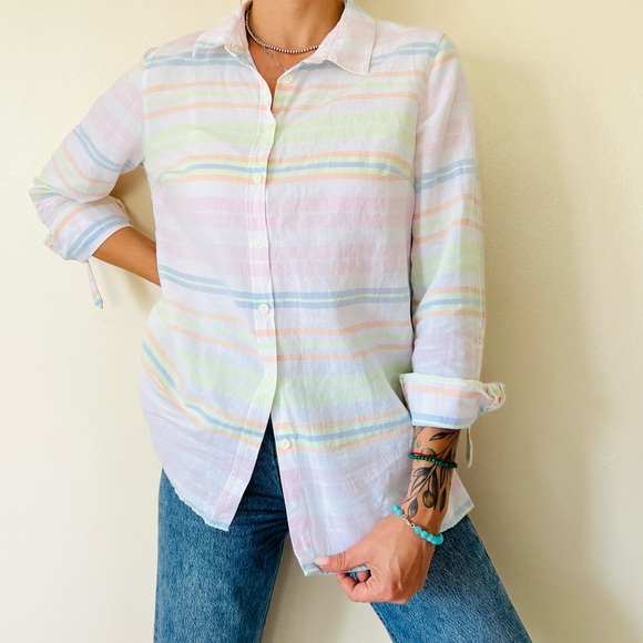 Kim Rogers linen blend button down oversized striped shirt pastel poplin plaid - Picture 4 of 8